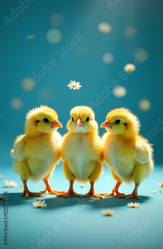 Three fluffy yellow chicks on a blue background with daisies falling around them.