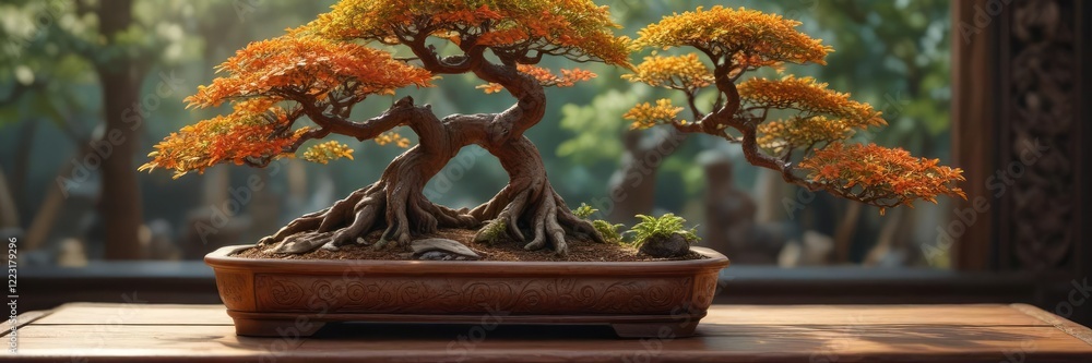 Fototapeta premium Bonsai tree on a wooden bench with intricate carvings and plants around , tree, miniature