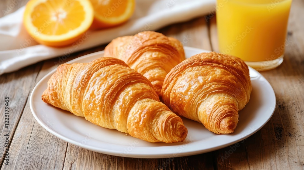 A plate of golden croissants with a glass of orange juice on a wooden table. A plate of golden croissants with a glass of orange juice on a wooden table.
