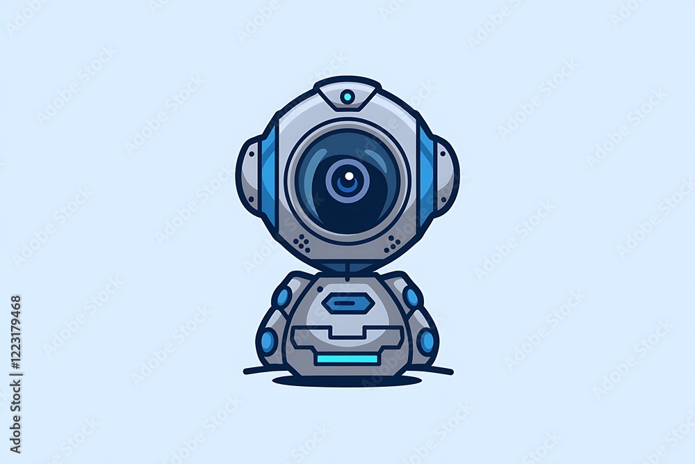 A cartoon robot with a large central eyecamera, grey and blue. Simple, friendly design, suggesting AI or security tech. Futuristic and compact. A cartoon robot with a large central eyecamera, grey and blue. Simple, friendly design, suggesting AI or security tech. Futuristic and compact.