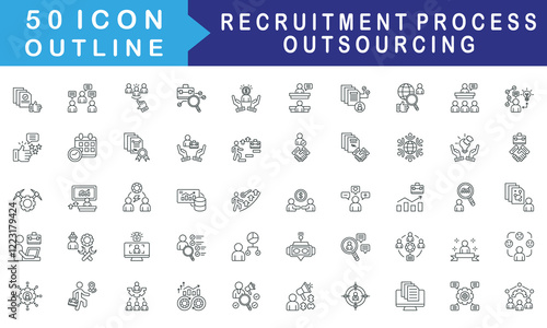 Recruitment Process Outsourcing icon set collection. Consist of Approve, Conversation, Selection, Job, Salary, Interview, resume. Simple vector outline illustration. photo