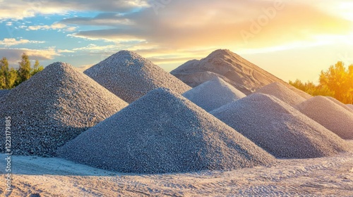 Gravel Pit Sunset: Conical Piles of Aggregate at Golden Hour