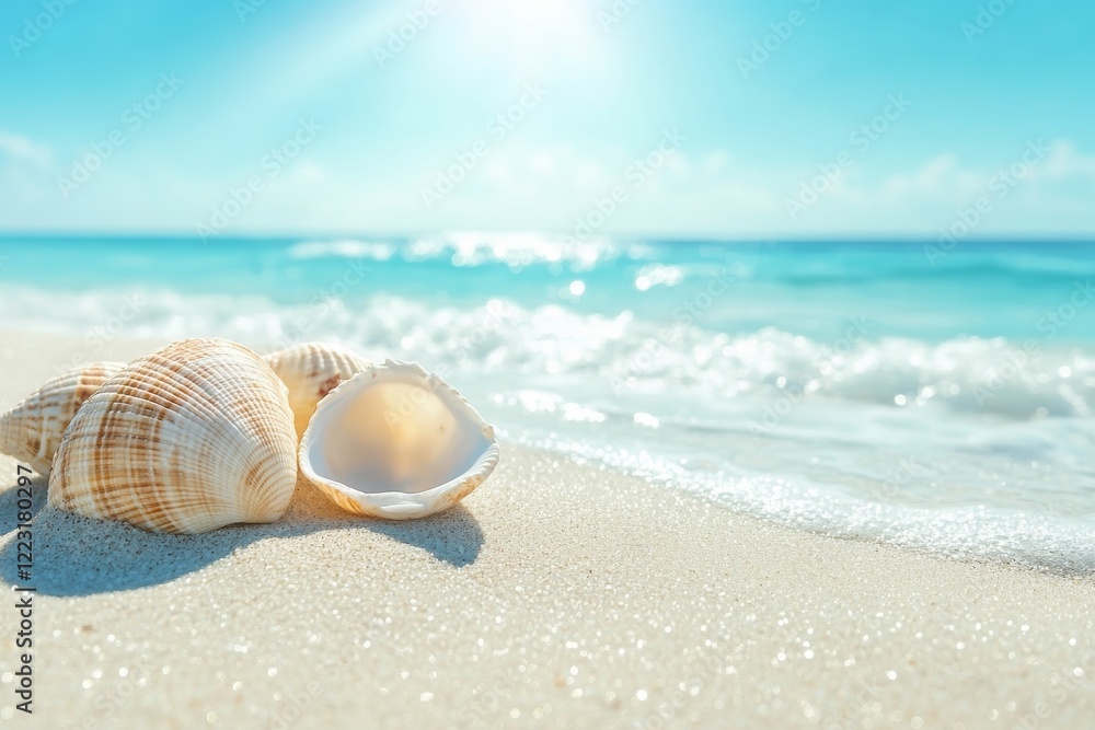 Close-up of seashells in the sand on a soft-water beach in sunlight. Seashells in the sand on a peaceful and natural beach. Close-up of seashells in the sand on a soft-water beach in sunlight. Seashells in the sand on a peaceful and natural beach.