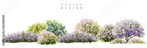 Vertor set of spring blossom tree,blooming plants side view  for landscape elevation and section,eco environment concept design,watercolor shrub illustration,colorful season