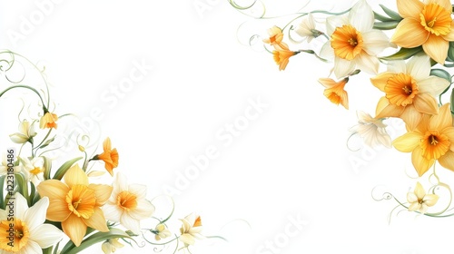 Whimsical daffodil border with stylized flowers and swirling green vines for cheerful spring-themed designs