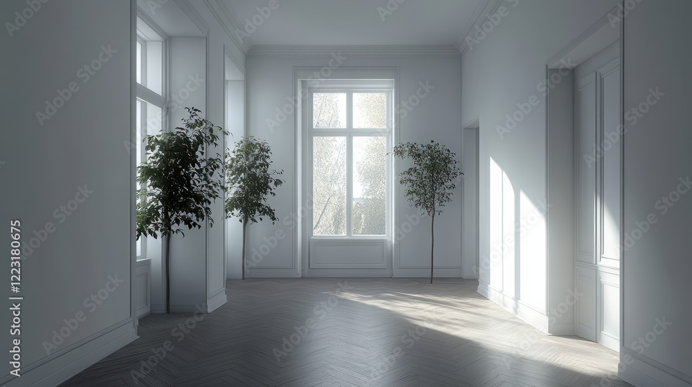 Fototapeta premium Sunlit Room with White Walls and Herringbone Floor