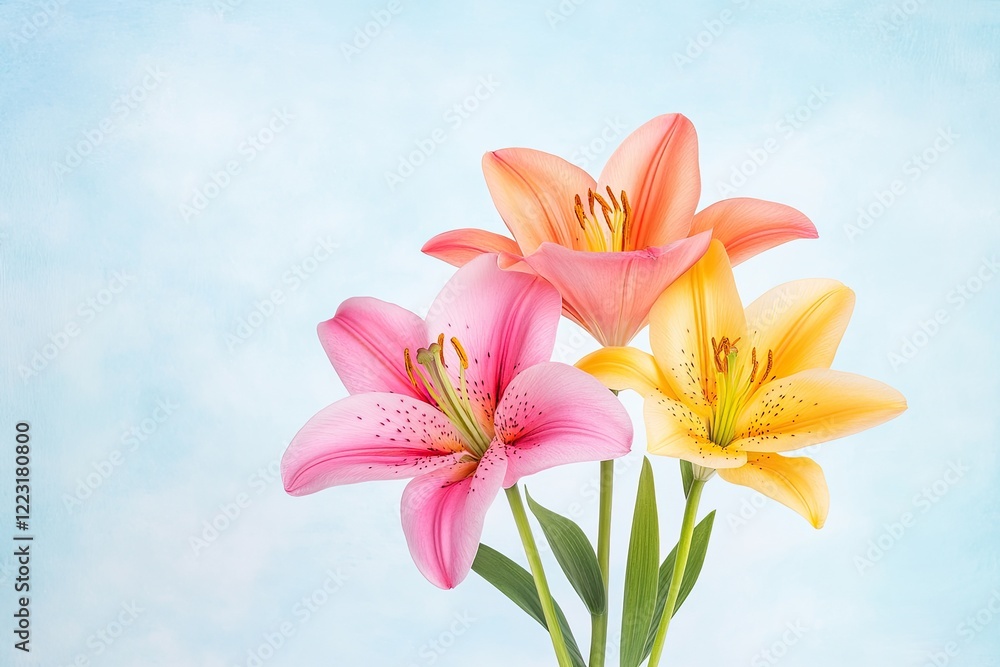 Naklejka premium Vibrant bouquet of pink, orange, and yellow lilies against a soft blue background, showcasing beauty