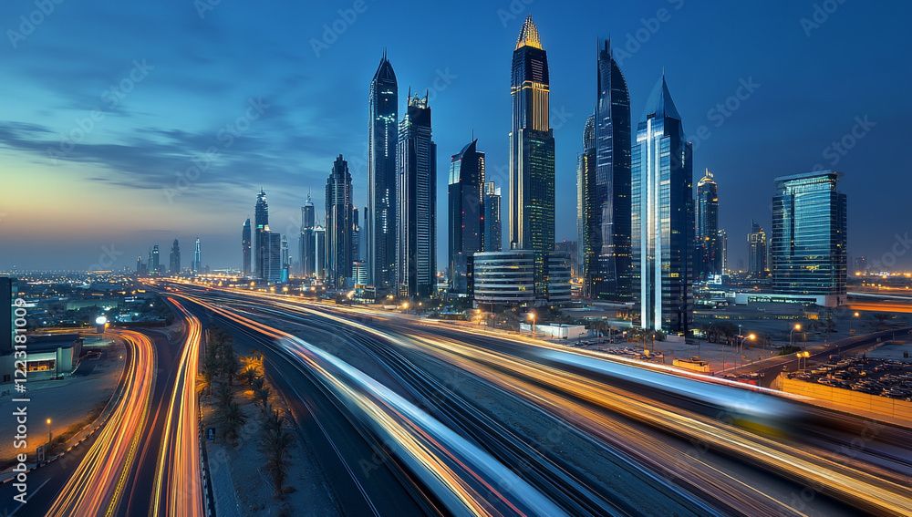 A blurred train makes an urban journey at night with city lights creating a long exposure trail in the background. A blurred train makes an urban journey at night with city lights creating a long exposure trail in the background.