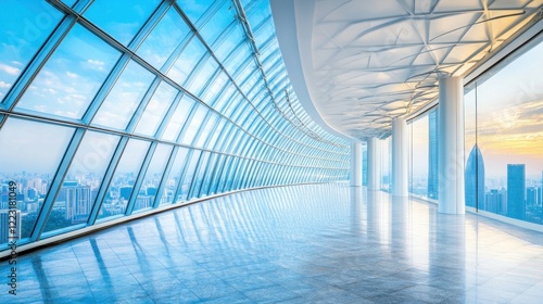 Modern building interior with city view windows