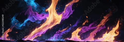 Bright blue and purple flames dancing in the darkness of an abstract fire background, whimsical, whirling, flames photo