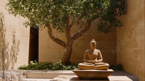 Serene Buddha Statue Beneath a Tree in a Courtyard