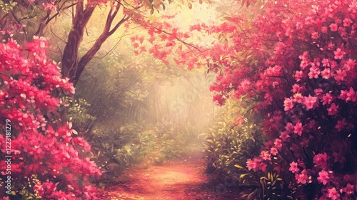 A Misty Path Through a Blooming Pink Azalea Forest