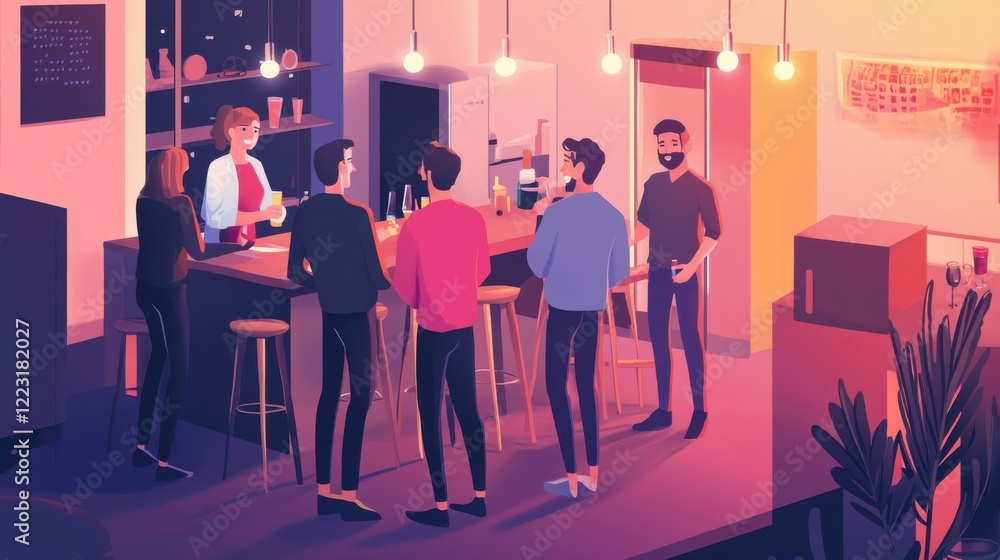 Group of young adults socializing at a modern bar with ambient lighting Group of young adults socializing at a modern bar with ambient lighting