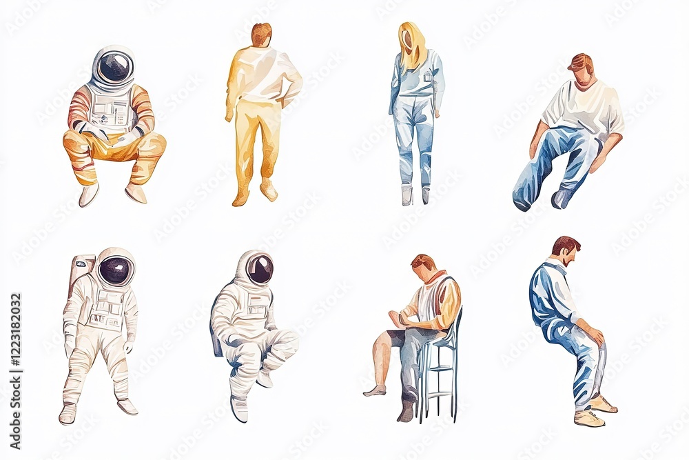 Illustrations of diverse individuals in various poses, including an astronaut, showcasing human emotions Illustrations of diverse individuals in various poses, including an astronaut, showcasing human emotions
