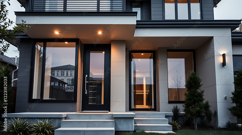Modern House Exterior at Night: Contemporary Home Design and Architecture. Luxury Real Estate Property with Stylish Facade, Entrance, and Lighting Modern House Exterior at Night: Contemporary Home Design and Architecture. Luxury Real Estate Property with Stylish Facade, Entrance, and Lighting