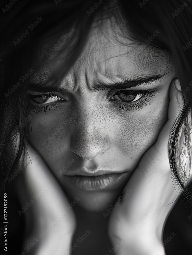 Fototapeta premium Young woman showing concern holding her face with hands, black and white portrait