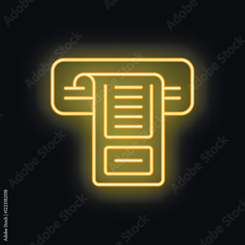 Glowing yellow neon outline icon of an atm dispensing cash withdrawl receipt on black background