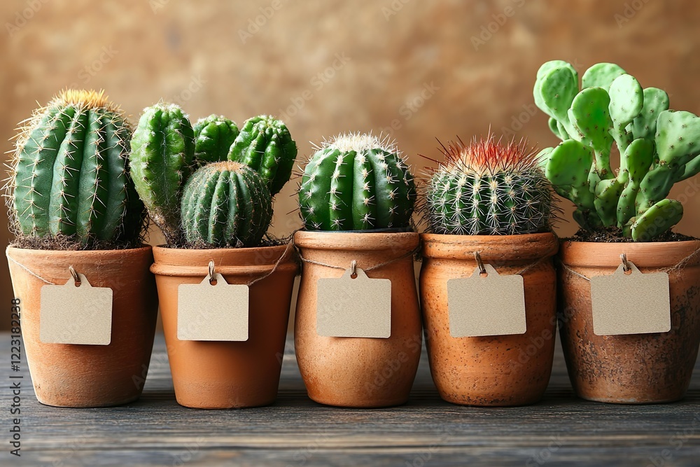 A lineup of various potted cacti in terracotta pots, each labeled with a blank tag, ideal for home decor and plant enthusiasts A lineup of various potted cacti in terracotta pots, each labeled with a blank tag, ideal for home decor and plant enthusiasts