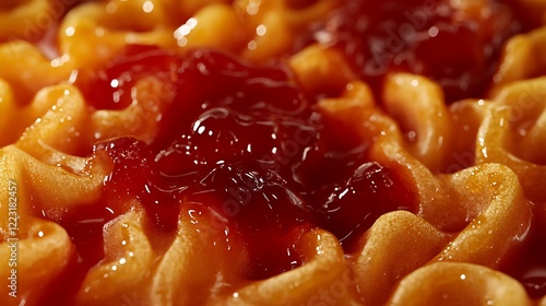 A brown golden funnel cake packed to brimming with delightful strawberry jelly