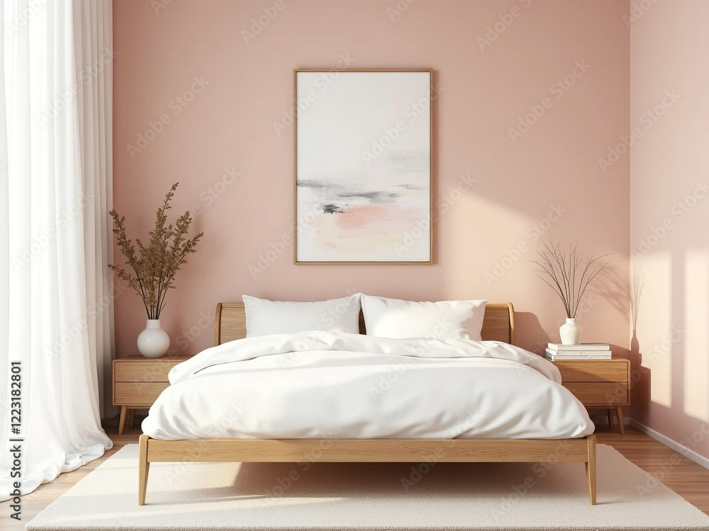 Modern Wooden Bed Frame and Abstract Artwork Décor Modern Wooden Bed Frame and Abstract Artwork Décor
