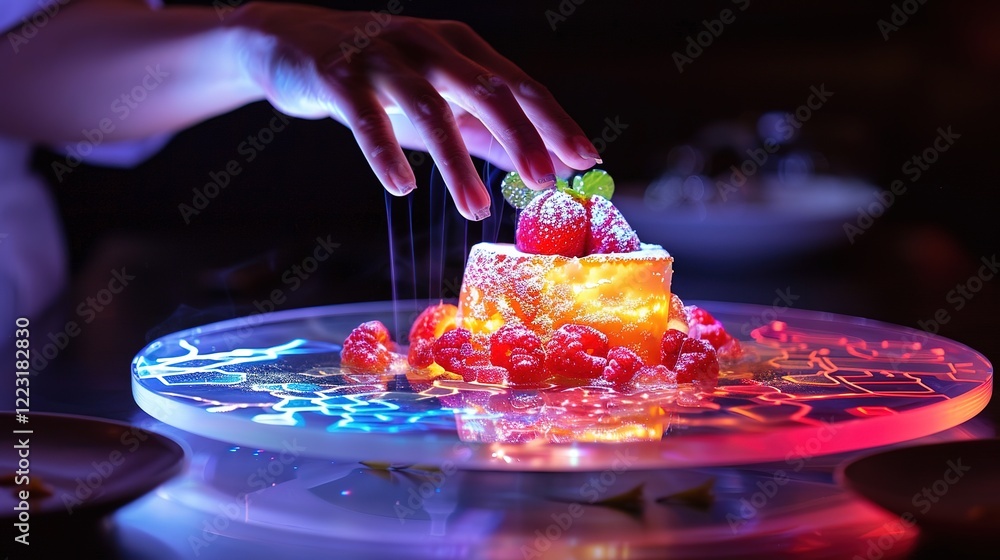 Fototapeta premium Envision a holographic dessert projection hovering above a plate, with interactive elements and changing patterns based on motion.