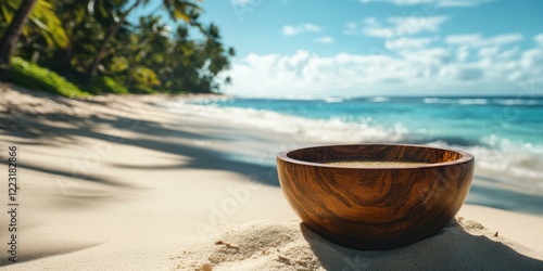 Wallpaper Mural A wooden bowl placed on sandy beach, surrounded by palm trees and ocean waves. Ideal for promoting relaxation, wellness, and tropical experiences. Torontodigital.ca