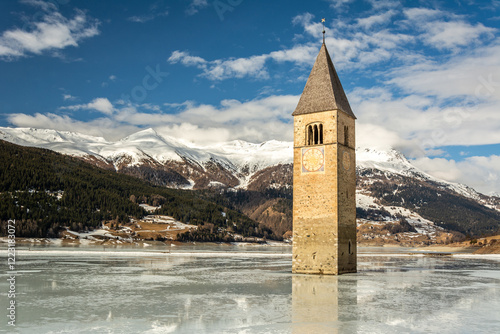 Flooded bell tower in Lake Reschen (Reschensee) in South Tyrol