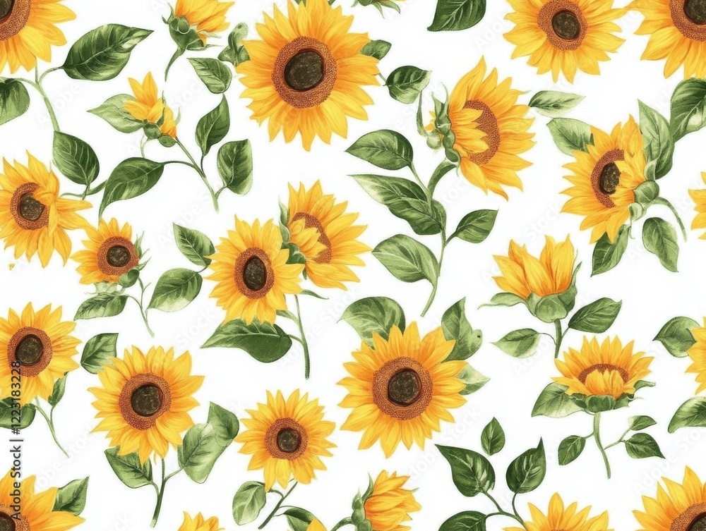Scattered Yellow Sunflowers with Brown Centers and Green Leaves on a Clean White Background
Scattered Yellow Sunflowers with Brown Centers and Green Leaves on a Clean White Background