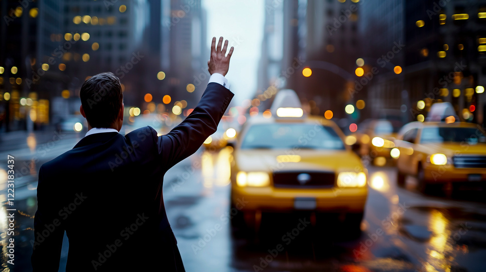 Obraz premium Businessman in a suit hailing a taxi in busy urban street at night - urban transport concept