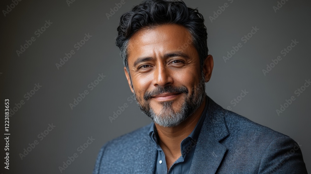 Fototapeta premium Portrait of a smiling man with a well-groomed beard in a professional setting, soft lighting