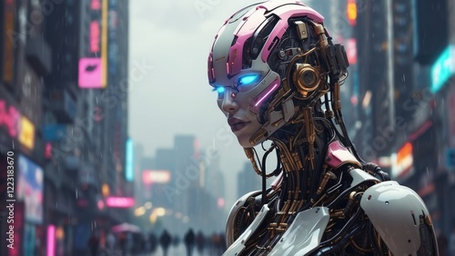 A futuristic, humanoid robot with glowing blue eyes and a sleek,