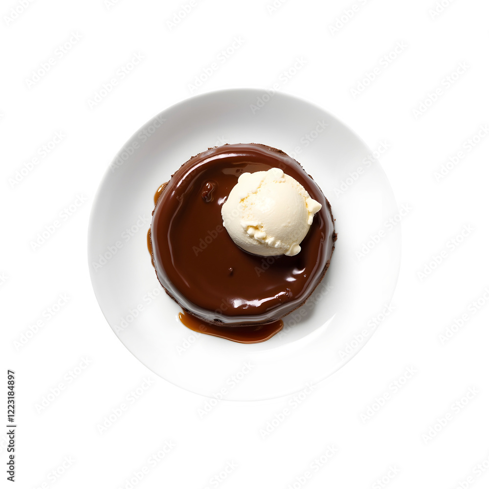 Fototapeta premium Chocolate fondant with ice cream isolated on white plate on transparent background. Dessert