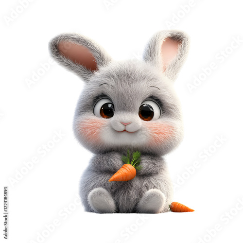 Fluffy 3D Cartoon Bunny Holding a Carrot with Glowing Soft Ears Isolated on Transparent Background