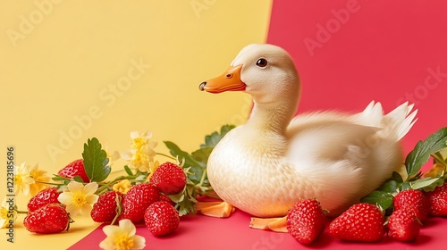 A ducks waddling with blooming strawberries isolated on a colorful background photo