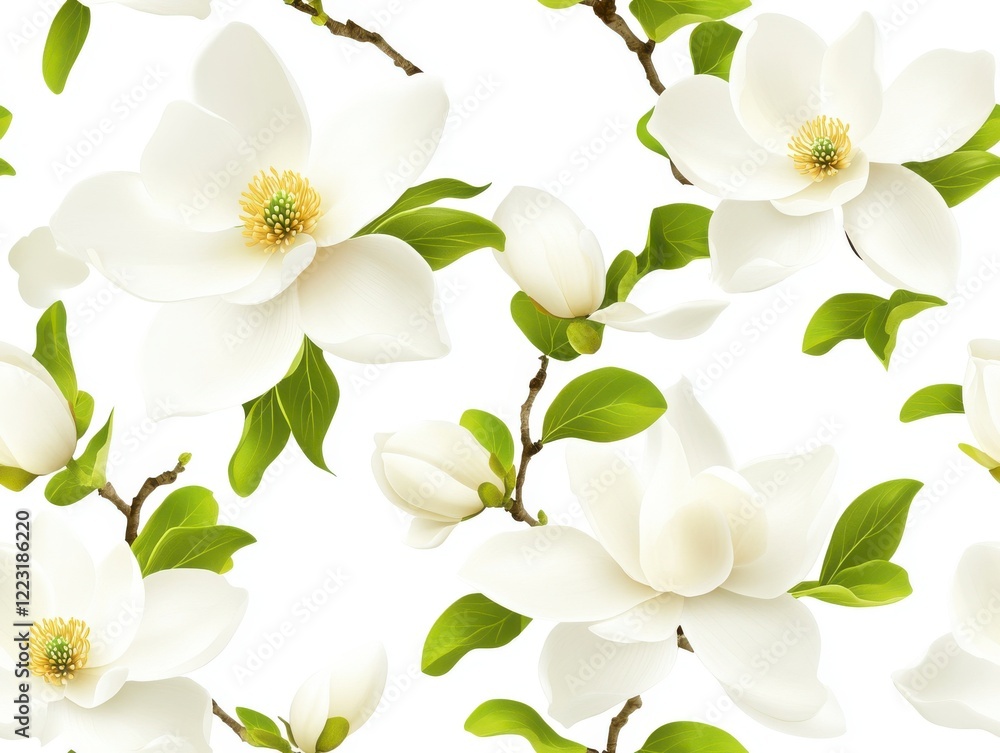Fototapeta premium Seamless mini white magnolias, Pattern on Green Background