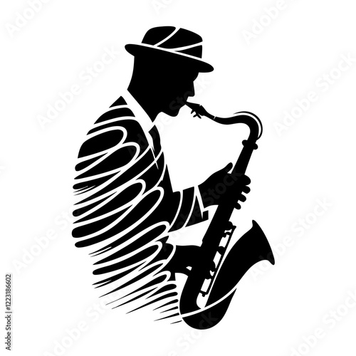 Jazz saxophonist in artistic silhouette playing the saxophone, transparent background