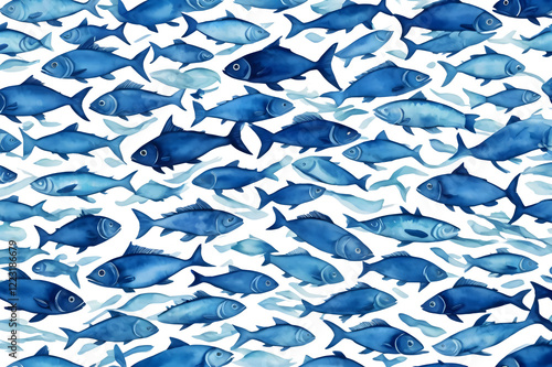 Seamless Watercolor Fish Pattern in Various Shades of Blue with White Background