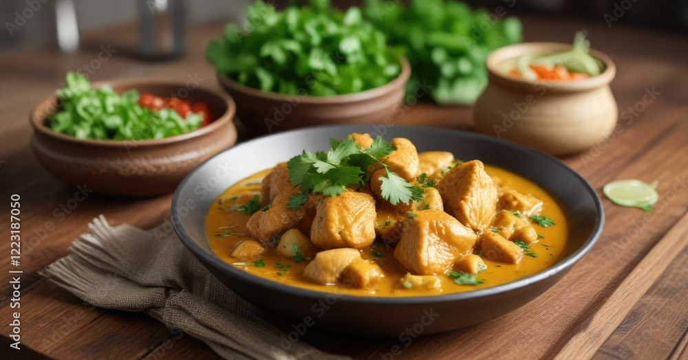 Chicken curry in a shallow bowl on a wooden table with fresh cilantro garnish, flavorful, orange curry, juicy Chicken curry in a shallow bowl on a wooden table with fresh cilantro garnish, flavorful, orange curry, juicy