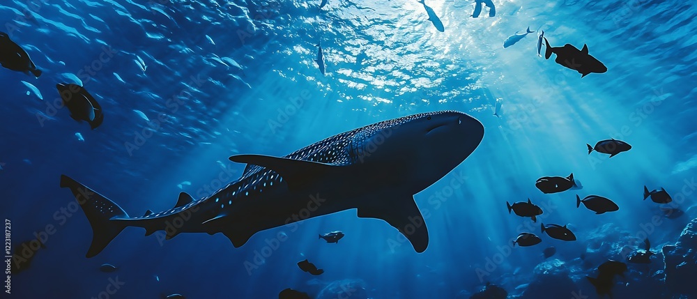 Obraz premium Guests at the aquarium observe the outlines of fish gliding through the water, including the whale shark.