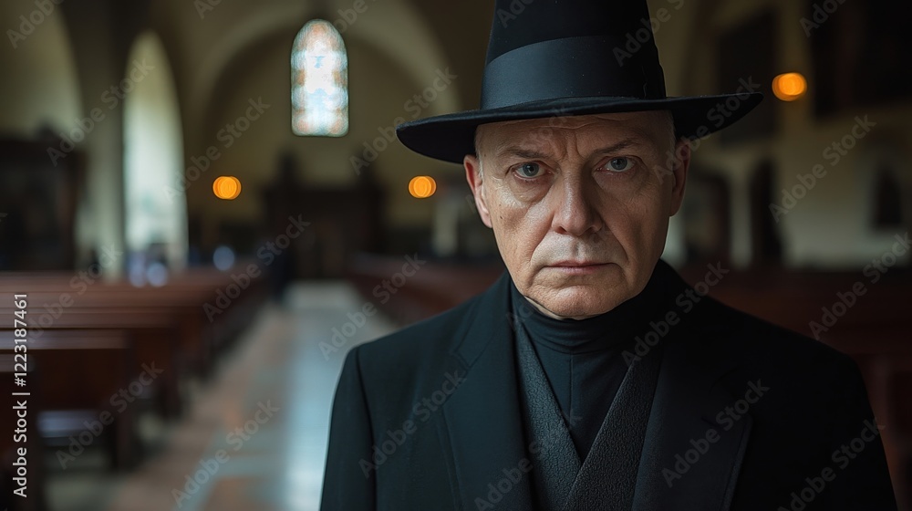 A solemn figure in a dark hat stands in an empty church, evoking a sense of mystery and contemplation A solemn figure in a dark hat stands in an empty church, evoking a sense of mystery and contemplation