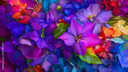 Spring garden with lush green foliage and purple violet flowers