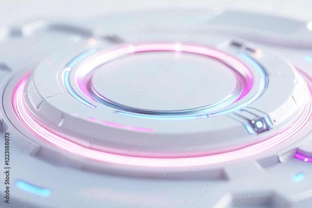 A striking glowing circular interface showcases vibrant neon hues of green, purple, and blue, surrounded by sleek metallic textures on a dapper matte white background ideal for branding A striking glowing circular interface showcases vibrant neon hues of green, purple, and blue, surrounded by sleek metallic textures on a dapper matte white background ideal for branding
