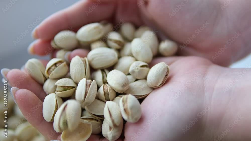 A hand holding pistachios, a pile of pistachios, and a woman's hands with pistachios A hand holding pistachios, a pile of pistachios, and a woman's hands with pistachios