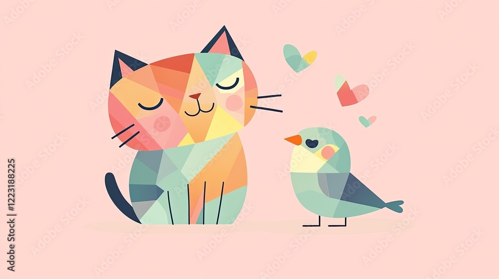 Fototapeta premium Colorful cat and bird share whimsical moment surrounded by heart