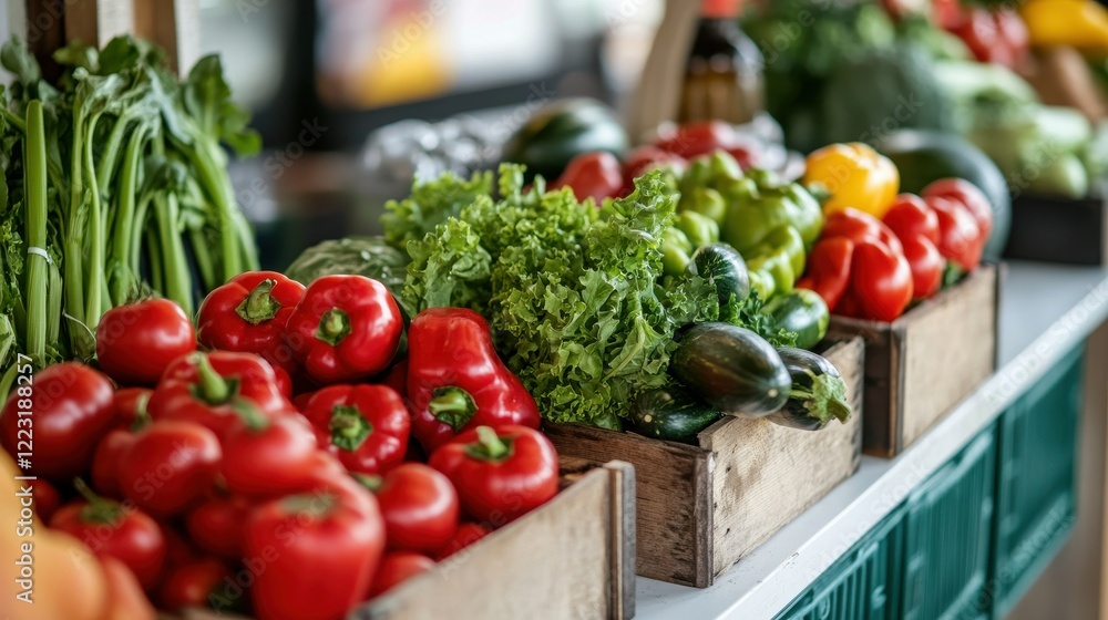 Fresh organic vegetables displayed in wooden crates at a market Fresh organic vegetables displayed in wooden crates at a market
