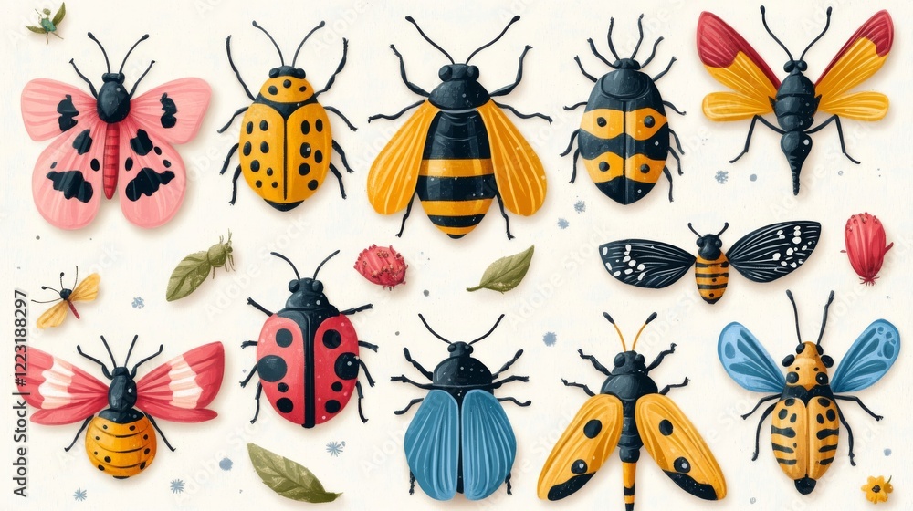 Fototapeta premium Set of different insects. Colorful vector illustration in flat style.