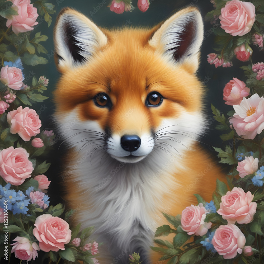 Obraz premium Cute fox illustration with flowers