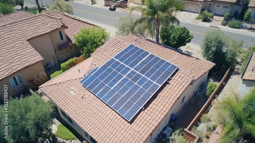 Aerial View of Residential Home with Solar Panel Installation photo