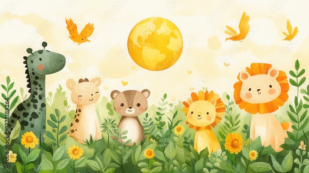 Naklejka premium Colorful illustration of various cute animals in a vibrant jungle setting with a sun