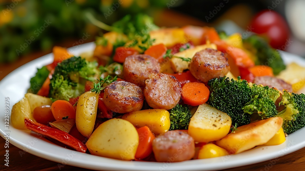 Chips vegetables with crumbed sausages a plate of veggies Chips vegetables with crumbed sausages a plate of veggies